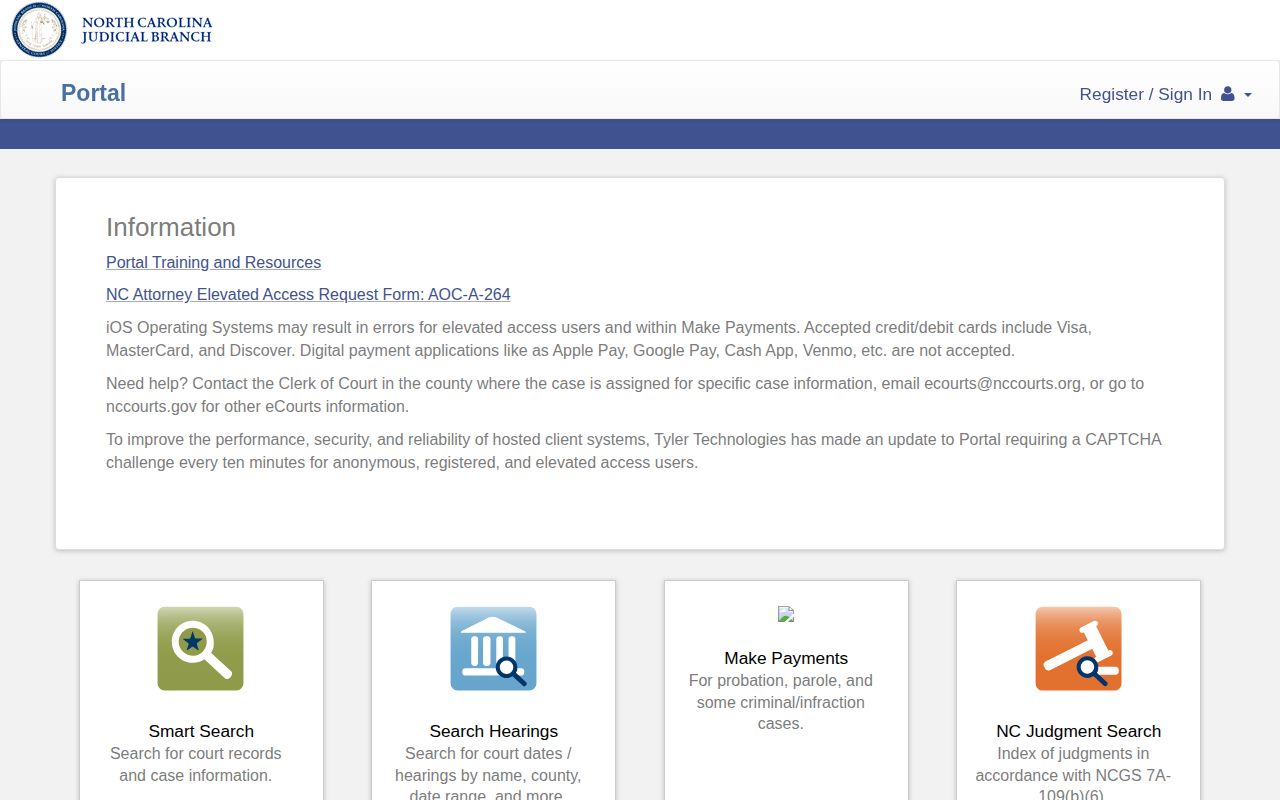 North Carolina eCourts Portal search interface