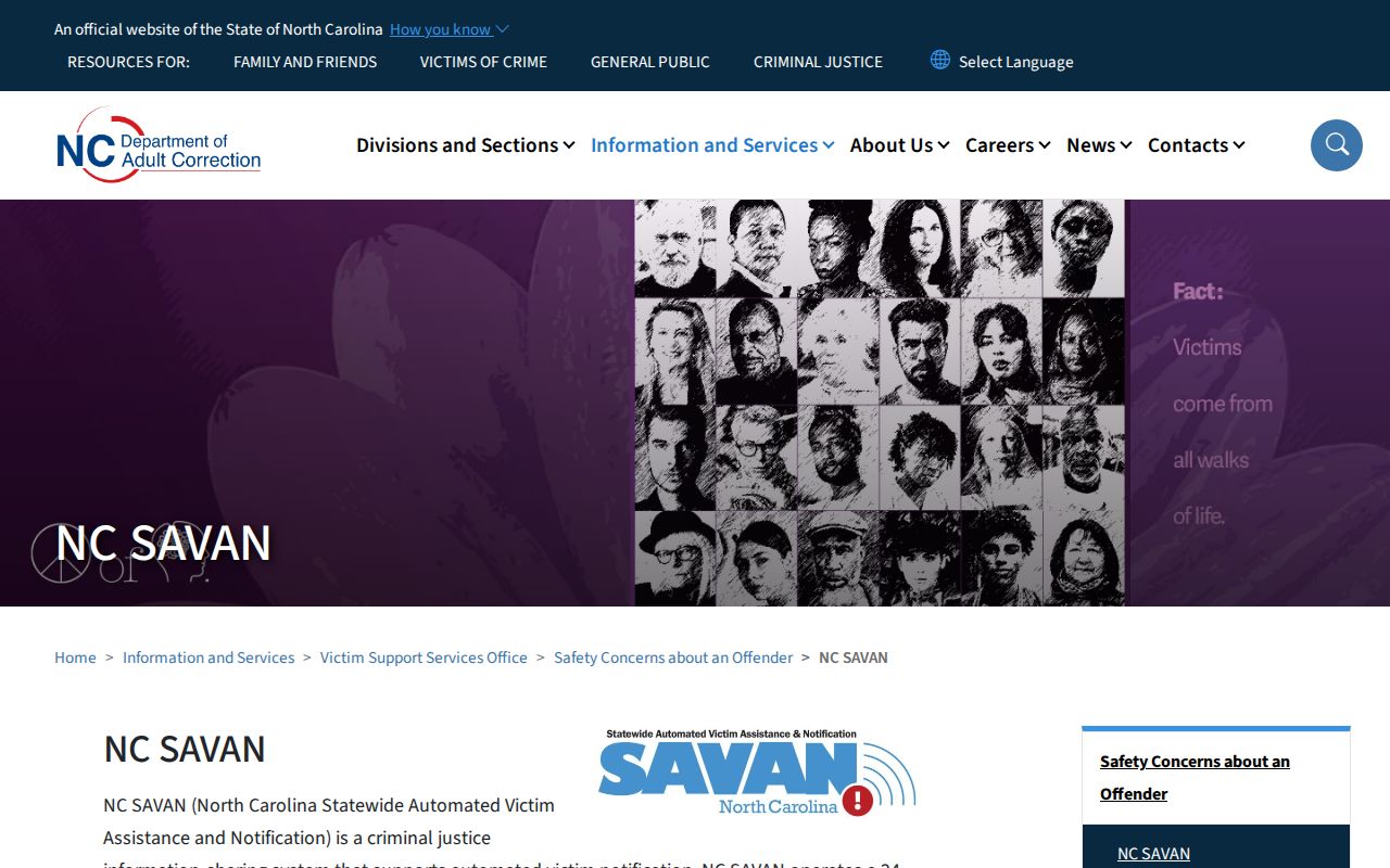 NC SAVAN VINE official custody notification page